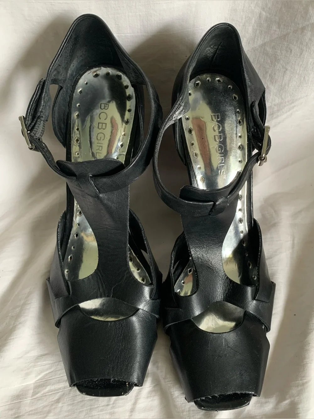 BCBGirls Black Leather Peep-Toe T-Strap Wedge Sandals with Buckle